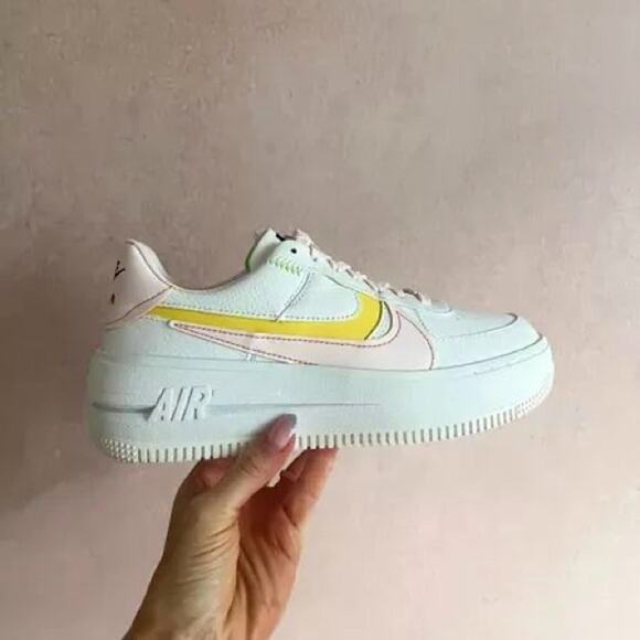 Nike Air Force 1 Platform Leather Sneakers 8 White Pearl Pink Opti Yellow - Picture 1 of 9